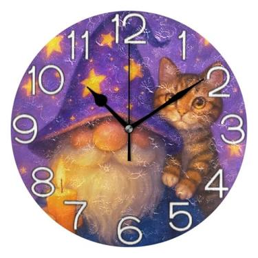Imagem de GAIGEO Relógio de parede analógico decorativo relógio de cozinha bonito funky alimentado por bateria, decoração de parede retrô moderna art déco, gato fofo roxo gnomo, 25 cm, ponteiros pretos