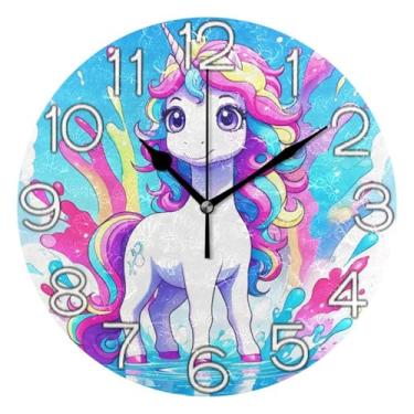 Imagem de GAIGEO Lindo unicórnio colorido azul decorativo relógio de parede analógico escritório cozinha relógio redondo sem tique-taque silencioso, decoração de parede moderna para sala de estar, 25 cm