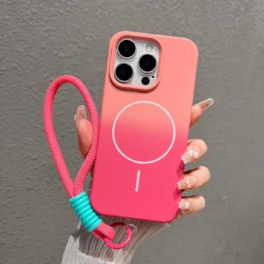 Imagem de Capa magnética colorida de silicone líquido macio com gradiente para iPhone 16, 15, 14 Plus, 13, 12 e 11 Pro Max, à prova de choque, com alça e corda, rosa, para iPhone 15 Pro Max