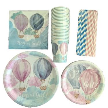 Imagem de Conjunto de decorações de festa de aniversário, pratos de papel e guardanapos com copos e canudos para 24 convidados, 120 peças descartáveis de jantar de sobremesa de festa (revelação de gênero)