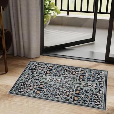 Imagem de FUNMAT Tapete de entrada floral 5 x 7 cm, tapete de cozinha lavável antiderrapante vintage, tapete macio, resistente a manchas, tapete pequeno, ultrafino boho para entrada, lavanderia, banheiro, azul