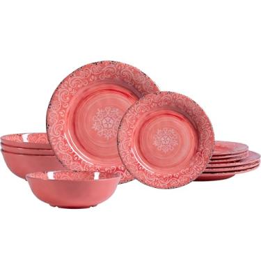 Imagem de ZAROCRUS O conjunto de louça de melamina de 12 peças inclui 4 pratos de jantar, 4 pratos de salada, 4 tigelas – Conjunto de pratos elegante inquebrável e sem BPA, serviço para 4, perfeito para