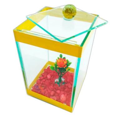 Imagem de Beteira Aquário Bettas Decorado 9x9x14cm Peixe, Enfeite Fácil Manutenção, Ideal para Quarto, Escritório Para Amantes de Peixes(Amarelo)