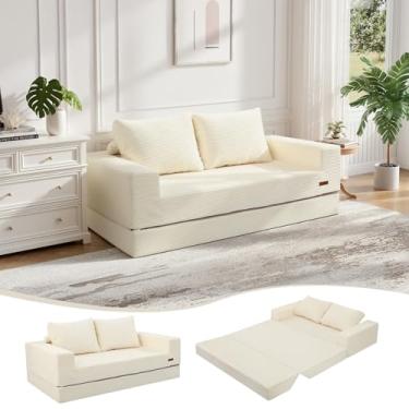 Imagem de COMAX Sofá-cama Queen conversível, sofá dobrável de veludo cotelê, sofá-cama com travesseiros, sofá desdobrável e desossado, colchão confortável para sala de estar, quarto, bege