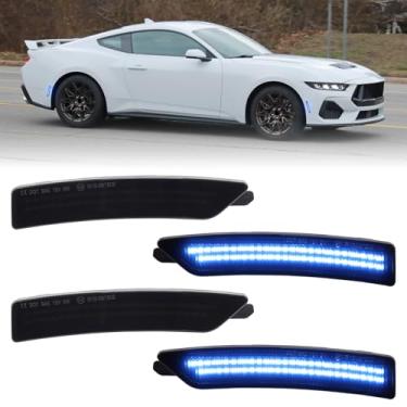 Imagem de FetonAuto Luzes de LED azuis para 2024 2025 Ford Mustang S650 Dark Horse EcoBoost GT GTD para-choque dianteiro traseiro refletor lâmpadas de sinal, lentes fumadas, pacote com 4