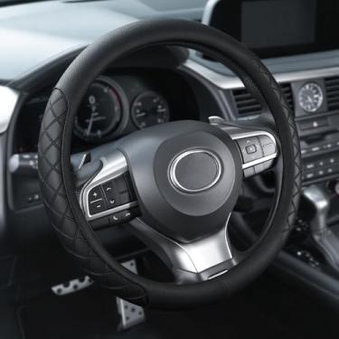 Imagem de JUSTTOP Capa de volante de carro, capa de volante de couro de 36.8 cm-38.1 cm | Protetor de roda de design xadrez diamante para homens e mulheres, acessórios antiderrapantes para carro, serve na