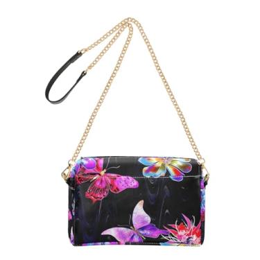 Imagem de Bolsa feminina preta com flor de borboleta colorida, bolsa transversal para celular, linda bolsa de ombro de couro sintético com alça de corrente
