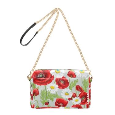 Imagem de Joitme Bolsa de ombro feminina transversal floral folhas verdes vermelhas bolsa de telefone linda alça de corrente bolsa de ombro de couro PU