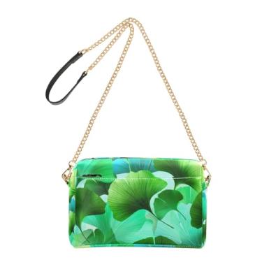 Imagem de Bolsa feminina transversal bolsa para celular bolsa de ombro de couro PU com alça de corrente vibrante folhas de ginkgo verde