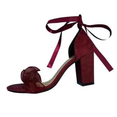 Imagem de Sandálias femininas modernas, casuais, versáteis, de malha de renda, primavera e verão, temperamento de salto alto, Vinho vinho, 34