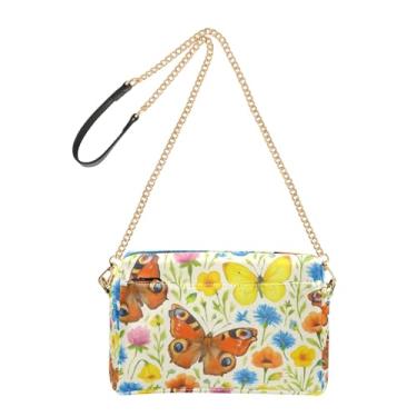 Imagem de Joitme Bolsa feminina transversal para celular com borboletas em aquarela flores silvestres couro sintético alça de corrente