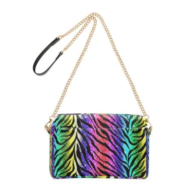 Imagem de Bolsa feminina transversal para celular, linda bolsa de ombro de couro PU com alça de corrente, estampa de zebra com glitter arco-íris