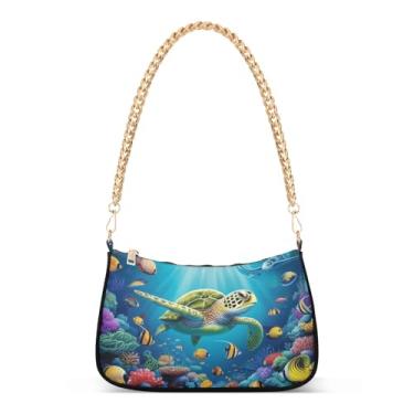Imagem de Bolsa de ombro vibrante com corrente de tartaruga marinha, bolsa Hobo com estampa artística para mulheres, bolsa média com fecho de zíper e vários estilos de transporte