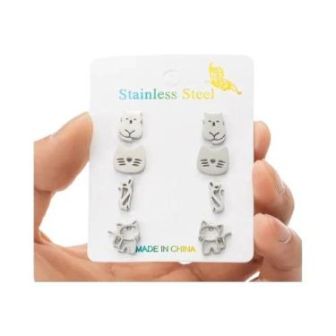 Imagem de Brincos De Gato Fofos 4 Pares Em Aço Inoxidável Joias De Moda Para Mul