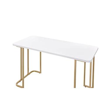 Imagem de Mesa de maquiagem Vanity Desktop, penteadeira em acabamento branco e dourado, mesa de trabalho moderna brilhante para computador com parte superior marmorizada e moldura de metal para móveis de quarto