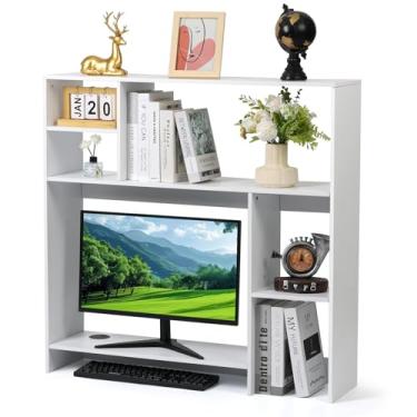 Imagem de KIOMIMI Estante de mesa de madeira moderna, organizador de mesa branco com 7 prateleiras para mesa de computador, armazenamento vertical para mesas pequenas, escritório em casa, dormitório