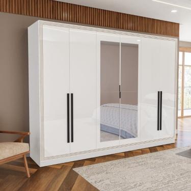 Imagem de Guarda Roupa Roupeiro 6 portas 4 gavetas com Espelho Valência Branco Politorno Móveis