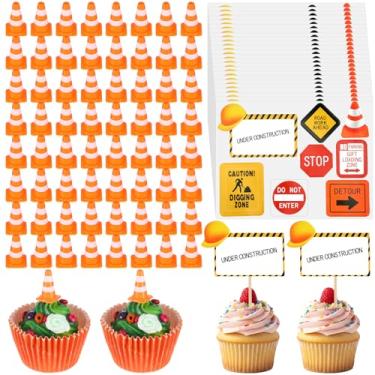 Imagem de Modelo de placa de cone de bloqueio de estrada, 32 peças, mini cones de trânsito de plástico e 32 peças de mini sinais de trânsito, topos de cupcake, cones de segurança, palhetas de comida laranja