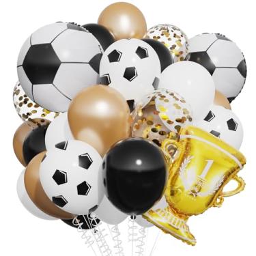 Imagem de Conjunto de balões de bola de futebol, 26 peças, troféu de ouro preto e branco, balões de folha de futebol para decoração de festa temática de aniversário, esportes (preto e branco)