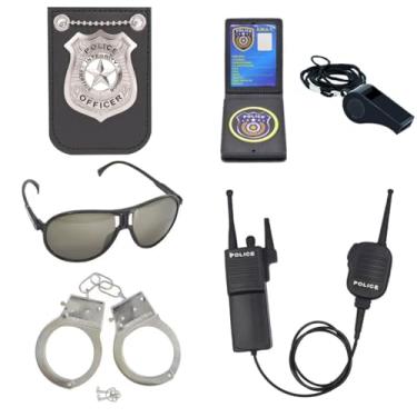 Imagem de QPCOS Kit de encenação de policial chapéu algemas óculos de sol acessórios para fantasia de policial swat festa de Halloween, Emblema prata, M