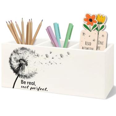 Imagem de Yhtrg Porta-lápis decorativo motivacional dente-de-leão para mesa, suporte de lápis de madeira Be Real Not Perfect, presentes motivacionais para mulheres e homens, decoração motivacional para casa