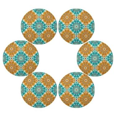 Imagem de Wassud Jogo americano conjunto de 6 tapetes de mesa redondos mandala para cozinha e jantar tapetes laváveis resistentes ao calor decoração de mesa 39 cm