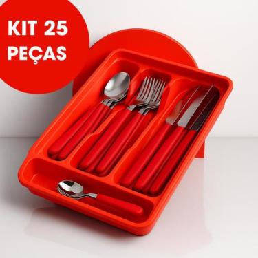 Imagem de Faqueiro Jogo Talheres Garfo Faca Colher Aço Inox Color Cabo Plástico 