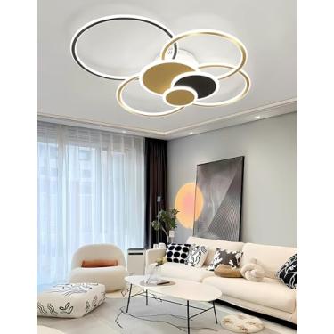 Imagem de Luminária de teto LED moderna e redonda de 125W com controle remoto, dimerizável, com moldura em anel dourado e branco. Design minimalista e elegante para sala de estar, hall de entrada e es