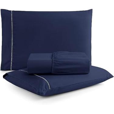 Imagem de Jogo de lençol Casal 3 Peças 400 Fios micropercal com Ponto Palito Toque Super Macio (Azul Marinho, Casal)