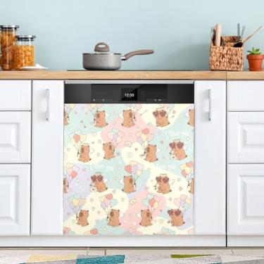 Imagem de ATTX Capivaras em aquarela Dia dos Namorados 1 capa magnética para lava-louças | Adesivo decorativo de eletrodomésticos de 58 x 66 cm para armários domésticos e eletrodomésticos #418