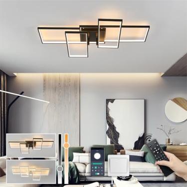 Imagem de Luminária de teto moderna para sala de estar, com LED dimerizável, controle remoto e ajuste de altura, ideal para quarto, escritório, cozinha e sala de jantar (preta, 110 cm de comprimento).