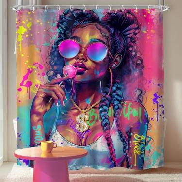 Imagem de MESHELLY Cortina de chuveiro preta neon para meninas 72 L x 72H Hip-pop Afro Americana Rosa Afro Lady Óculos de sol pirulito citação inspiradora cortina de banho acessórios de banheiro decoração com