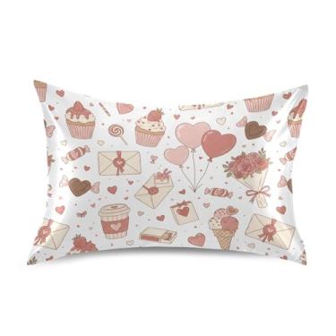 Imagem de Wassud Fronha de cetim Hearts Candy Dia dos Namorados para cabelo e pele, fronhas de seda lisa, tamanho queen, respirável, com fecho de envelope