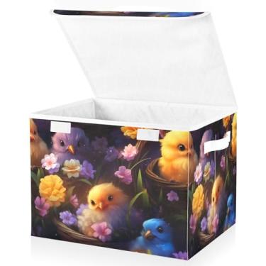 Imagem de Blueangle Cestos de armazenamento fofos para pintinhos pequenos com tampas, 42 x 32 x 30 cm, grande cesta organizadora dobrável para decoração de casa e escritório (156)