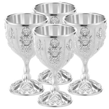 Imagem de 4 peças de cálice medieval vintage, padrão floral de metal, cálice medieval, 100 ml, cálice do Santo Graal, copos resistentes para recipientes para casamentos, decoração de casa, bênçãos (prata)