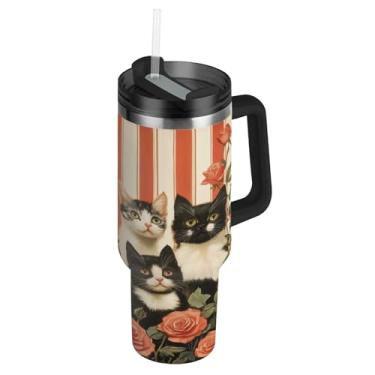 Imagem de ATTX Copo de rosas de 1,134 g com alça, copo de aço inoxidável a vácuo de parede dupla com palha, caneca de café de viagem isolada #410