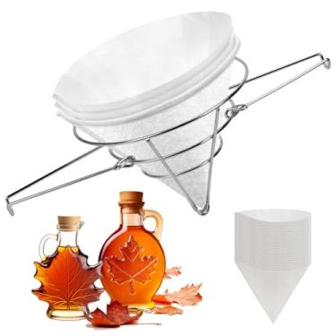 Imagem de Kit de filtro de cone de xarope de bordo – Conjunto de 26 peças com suporte dobrável de aço inoxidável 304 (25,4 cm), 1 filtro de xarope de bordo resistente e 24 pré-filtros descartáveis para xarope