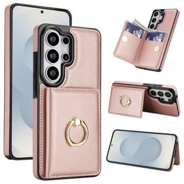 Imagem de Capa carteira para Samsung Galaxy S26 Ultra com suporte para cartão, bloqueio RFID, suporte de anel giratório de 360° com fecho magnético à prova de choque (ouro rosa)