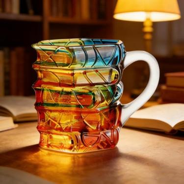 Imagem de Caneca de vidro em forma de livro, xícara de café com design empilhado para escritório e casa, suporte de bebidas resistente ao calor
