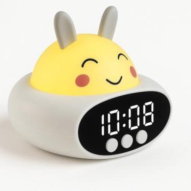 Imagem de Relógio Despertador Infantil Coelho com Luz Noturna LED 7 Cores, Caixa de Som Bluetooth, Bateria Recarregável USB-C, Treinador de Sono e Luminária de Mesa para Quarto de Crianças e Bebês