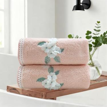 Imagem de USTIDE Conjunto de toalhas de algodão rosa - 2 toalhas de mão macias absorventes 33 x 73 cm para toalhas de banho com toalhas de rosto fofas florais 3D para academia, spa, hotel (rosa, 2 toalhas)