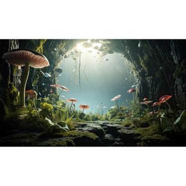 Imagem de Fundo de aquário de caverna tropical floresta tropical montanha rocha nebulosa fundo de tanque de peixes cogumelo musgo verde exuberante terrário fundos misteriosos plantas da selva cenário réptil