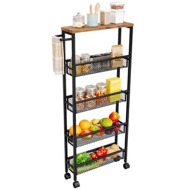 Imagem de AZERPIAN Carrinho de rodinhas fino, 5 andares, com tampo de placa de MDF e alça de metal para pequenos espaços, cozinha, sala de estar, escritório, despensa, banheiro, lavanderia (41,5 x 13 x 99,5 cm)