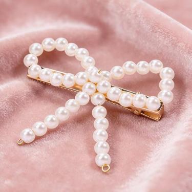 Imagem de 1 pacote com clipe de bico de pato com laço de pérola branca elegante e doce, feminino, pérola, clipe lateral e franja