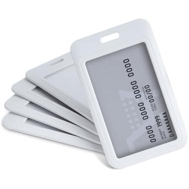 Imagem de SEAVILIA Pacote com 5 porta-crachás deslizante, branco, plástico rígido, porta-cartões de identificação, bolsa protetora vertical com janela transparente, ideal para documentos de escritório/escola