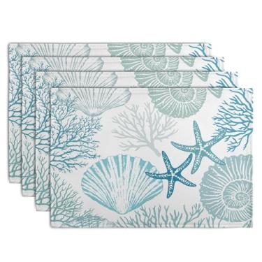Imagem de Jogo americano náutico azul costeiro, conjunto de 4 tapetes de mesa de linho com tema de praia azul-petróleo, turquesa, oceano, coral, concha, estrela-do-mar, decoração decorativa para festas, cozinha