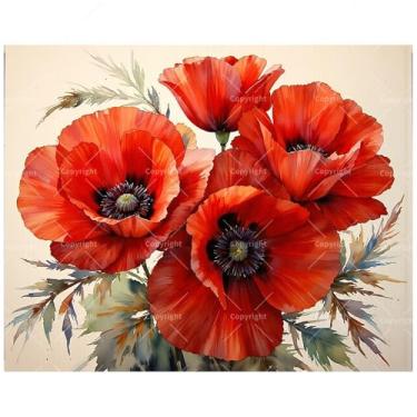 Imagem de Kit de pintura botânica por números para adultos – Pintura de buquê de papoulas vermelhas DIY em tela, conjunto de tinta acrílica, adequado para iniciantes, arte para decoração de casa ou presentes