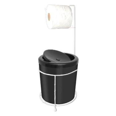 Imagem de Suporte Porta Papel Higiênico Branco Com Lixeira 5L Cesto Lixo Preto T