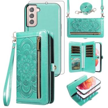 Imagem de Asuwish Capa de celular para Samsung Galaxy S21 5G 6,2 polegadas com zíper carteira destacável com protetor de tela de vidro temperado alça de pulso mandala flor porta-cartão de crédito S 21 21S G5