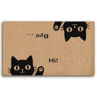 Imagem de BitKAM Tapete de boas-vindas Hi-Bye Cat Coco Coir para porta de entrada de casa, tapete de boas-vindas para gatos, tapetes pretos fofos para entrada externa 76 x 43 cm